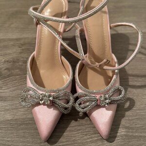 Arqa Rhinestone Bow Heels for Women Pointed Toe Crystal Ankle Strap Slingback